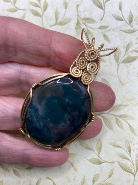 Handcrafted Gold-Tone Wire Wrapped Green-Azure Agate Pendant